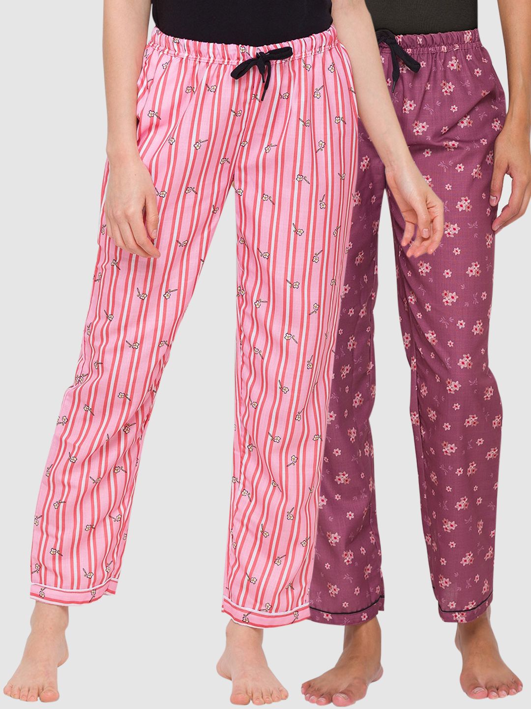 FashionRack Women Pack of 2 Purple & Pink Cotton Printed Lounge Pants Price in India