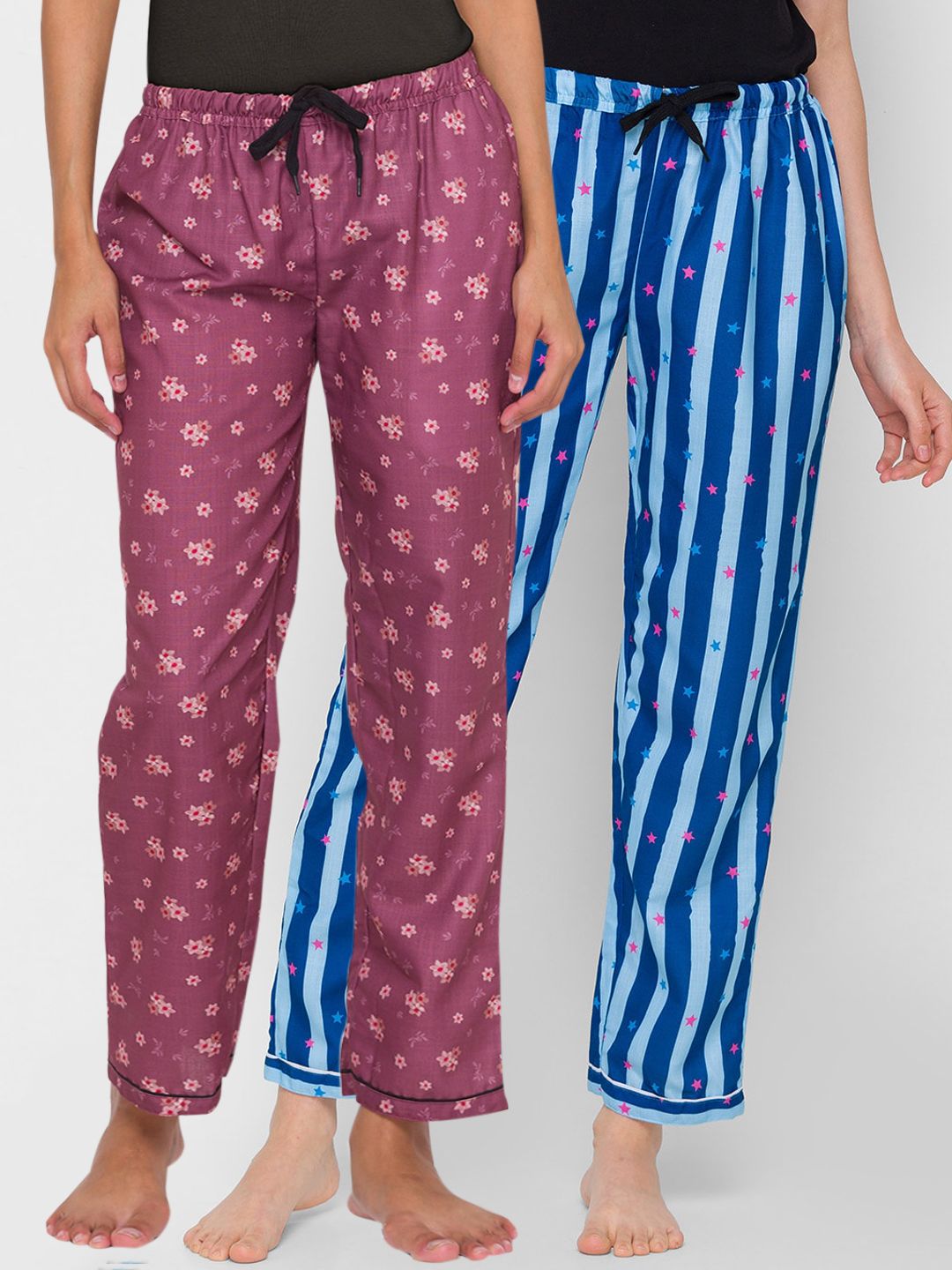 FashionRack Women Pack Of 2 Purple & Blue Printed Cotton Lounge Pants Price in India