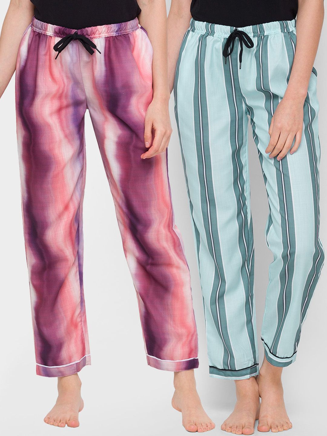 FashionRack Women Pack Of 2 Purple & Blue Printed Cotton Lounge Pants Price in India