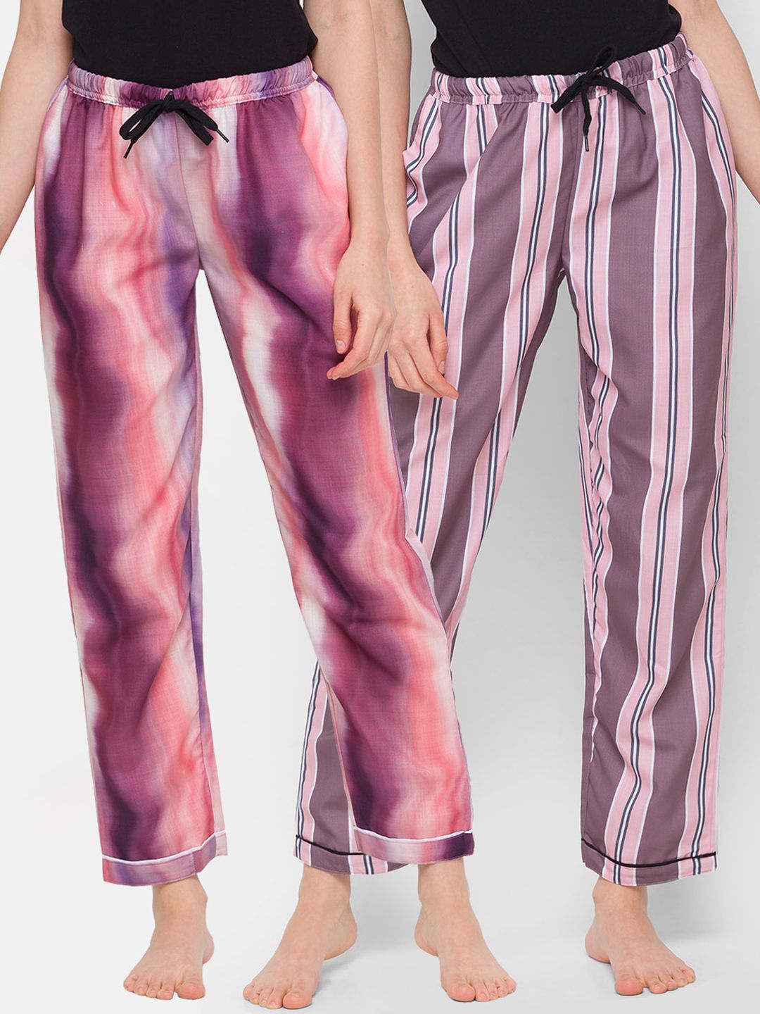 FashionRack Women Purple & Pink Set Of 2 Printed Cotton Lounge Pants Price in India