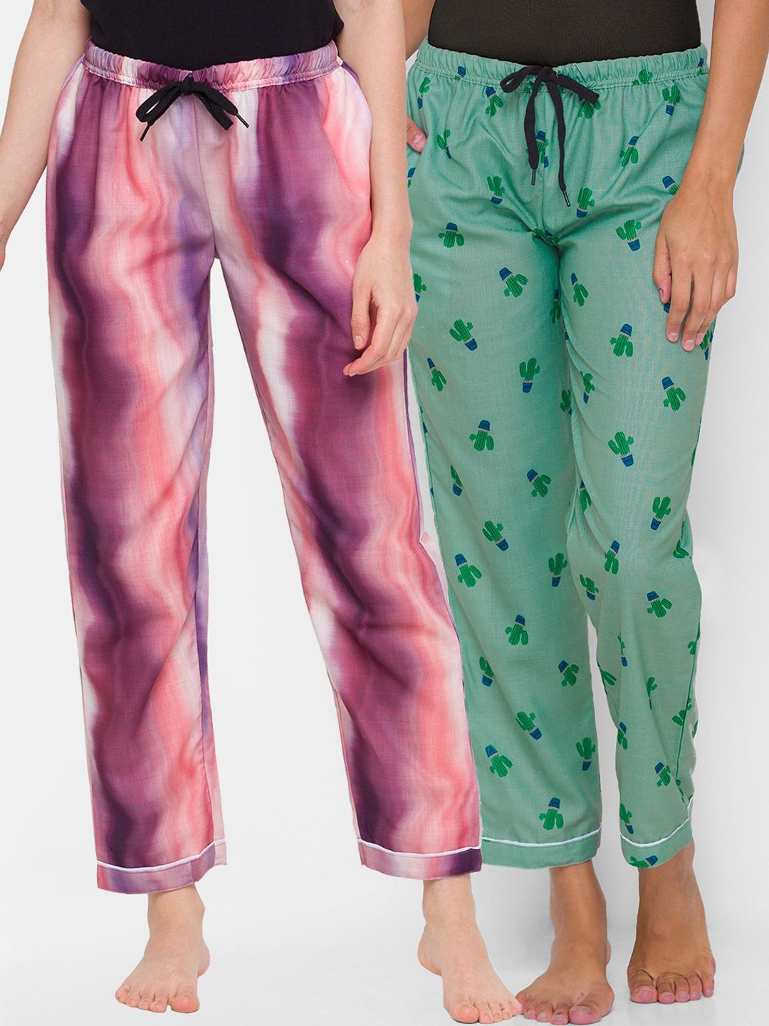 FashionRack Women Pack of 2 Purple & Green Cotton Printed Pyjamas Price in India