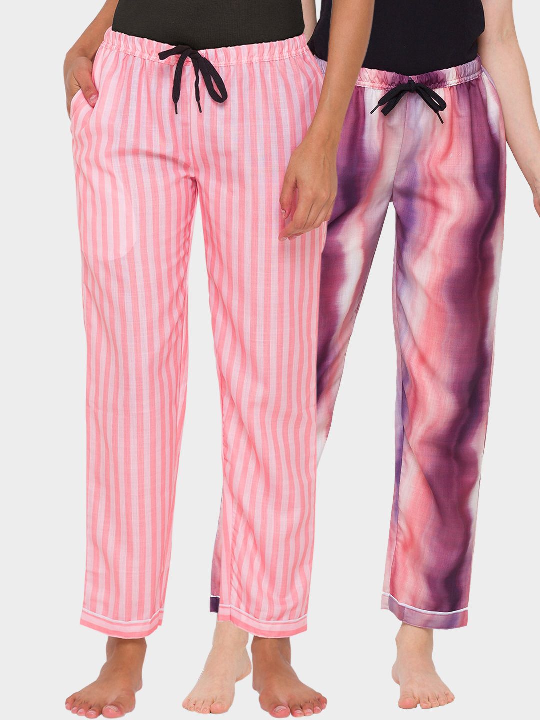 FashionRack Women Pink & Purple Pack of 2 Printed Cotton Lounge Pants Price in India