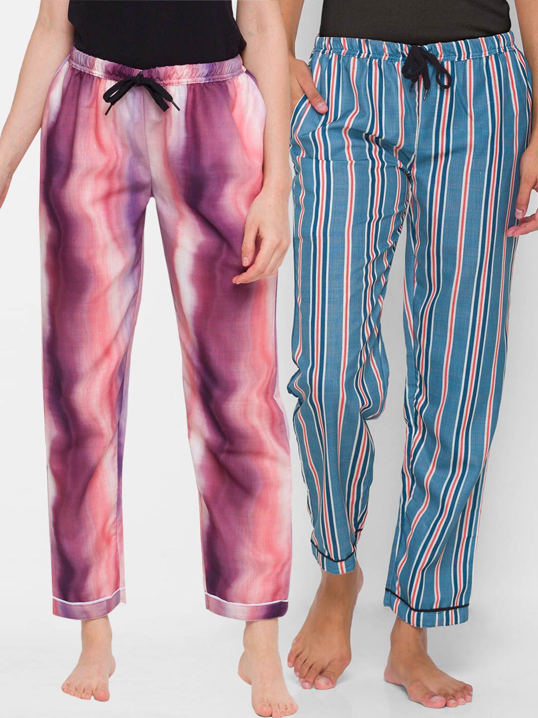 FashionRack Women Pack of 2 Purple & Navy Blue Cotton Printed Pyjamas Price in India