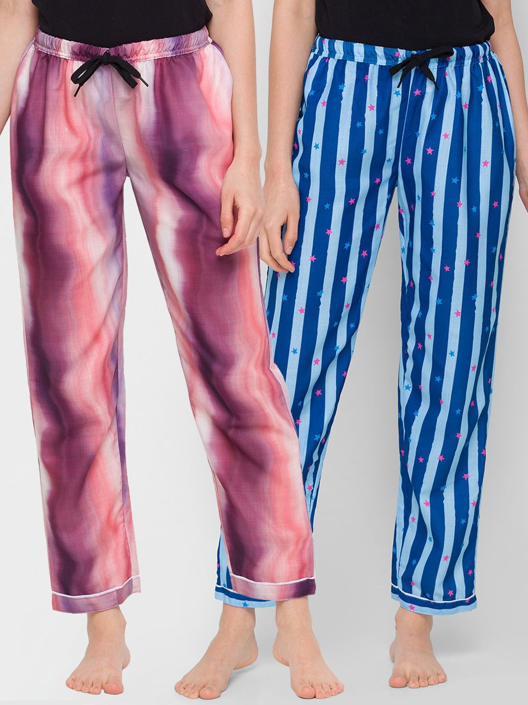 FashionRack Women Pack Of 2 Purple & Blue Printed Cotton Lounge Pants Price in India