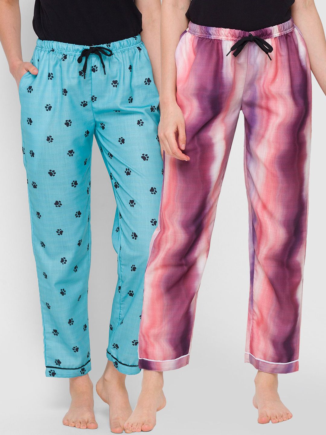 FashionRack Women Blue & Purple Pack of 2 Printed Cotton Lounge Pants Price in India