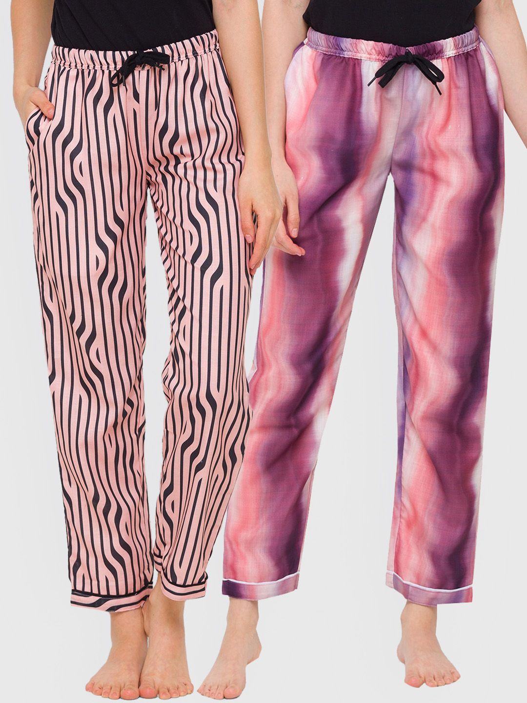 FashionRack Women Pack of 2 Purple & Beige Printed Lounge Pants Price in India