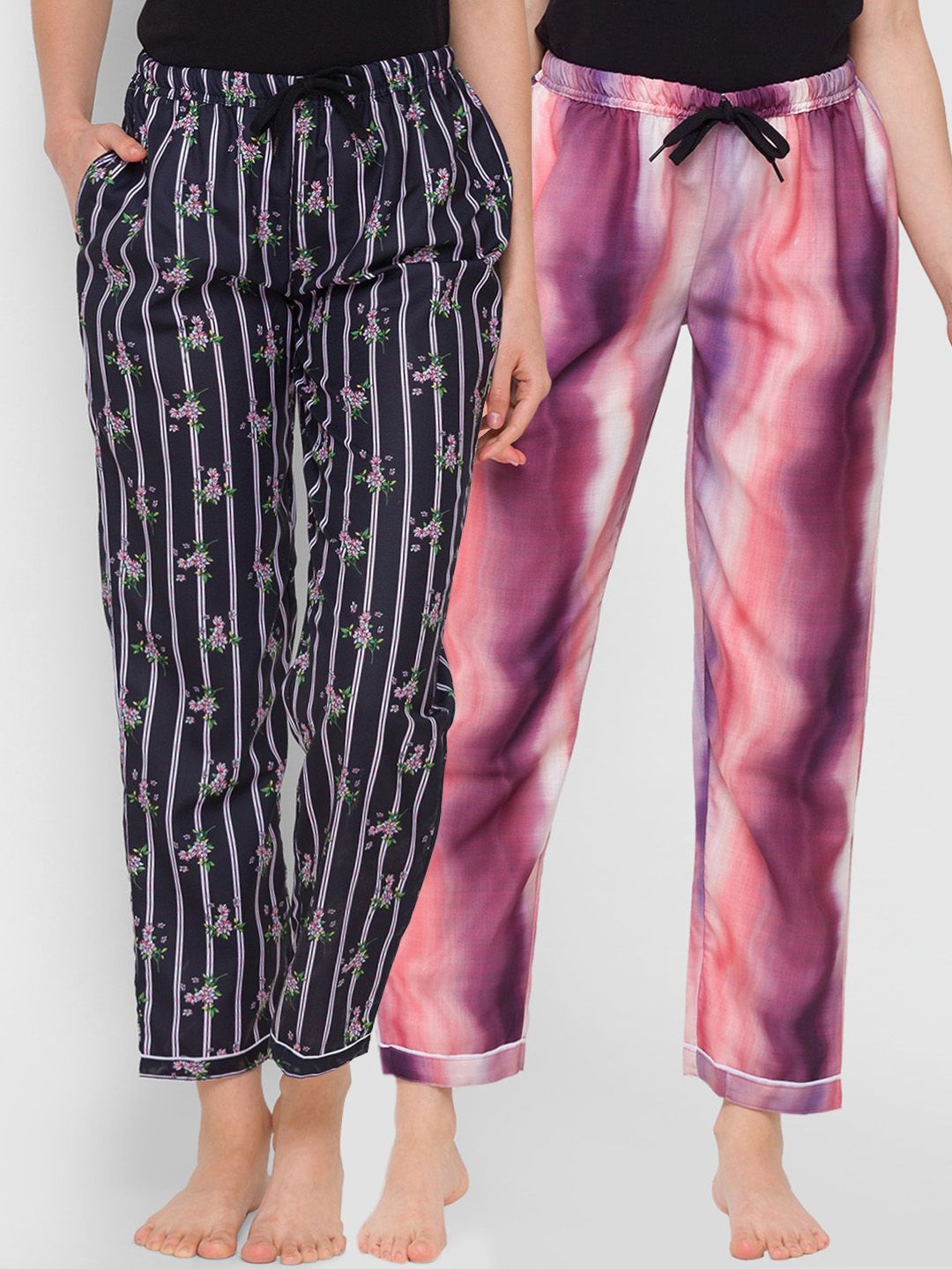 FashionRack Women Pack of 2 Purple & Black Cotton Printed Pyjamas Price in India