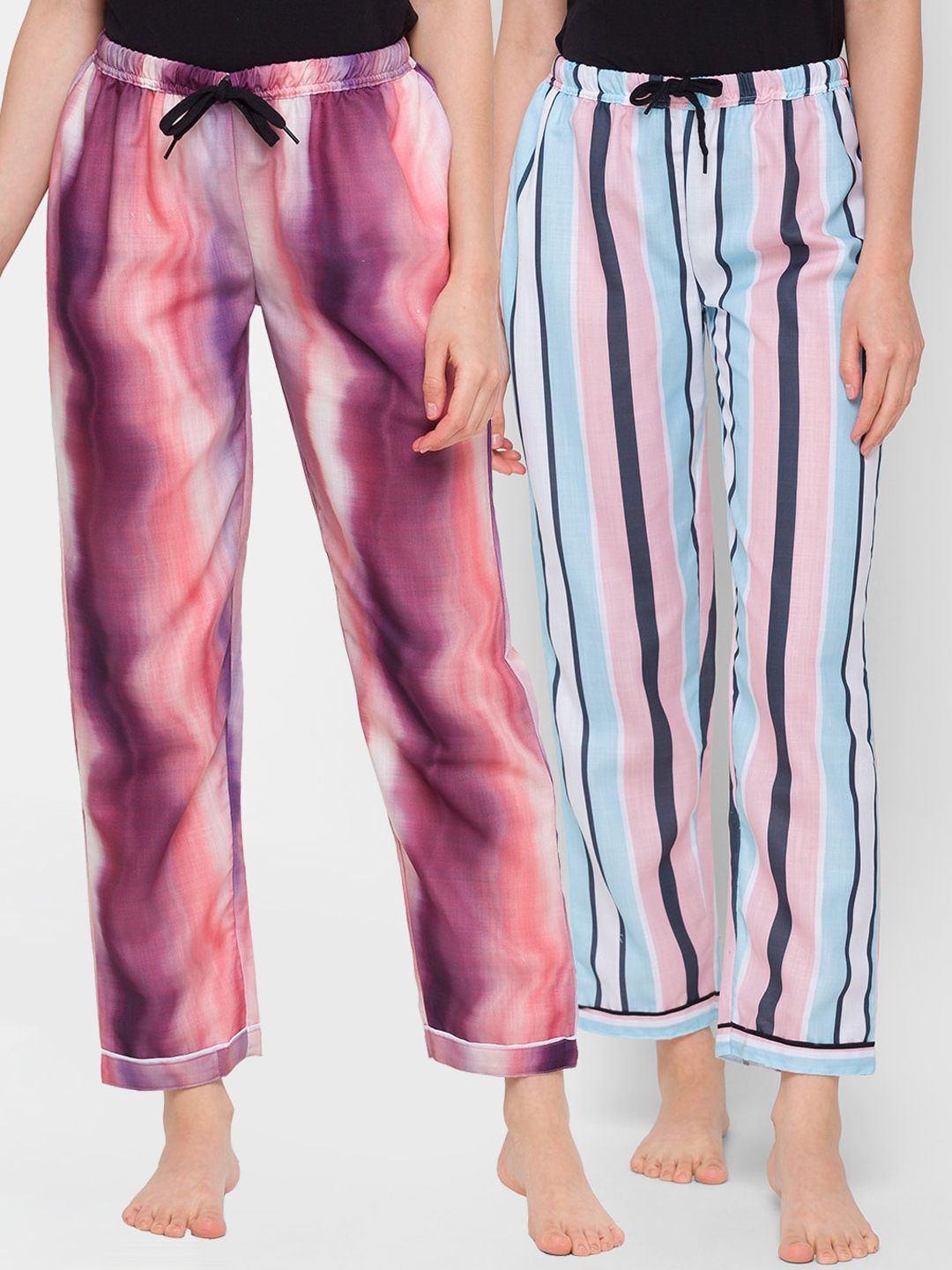 Kryptic Woman Pack Of 2 Purple & Multicolour Striped 100% Cotton Lounge Pants Price in India