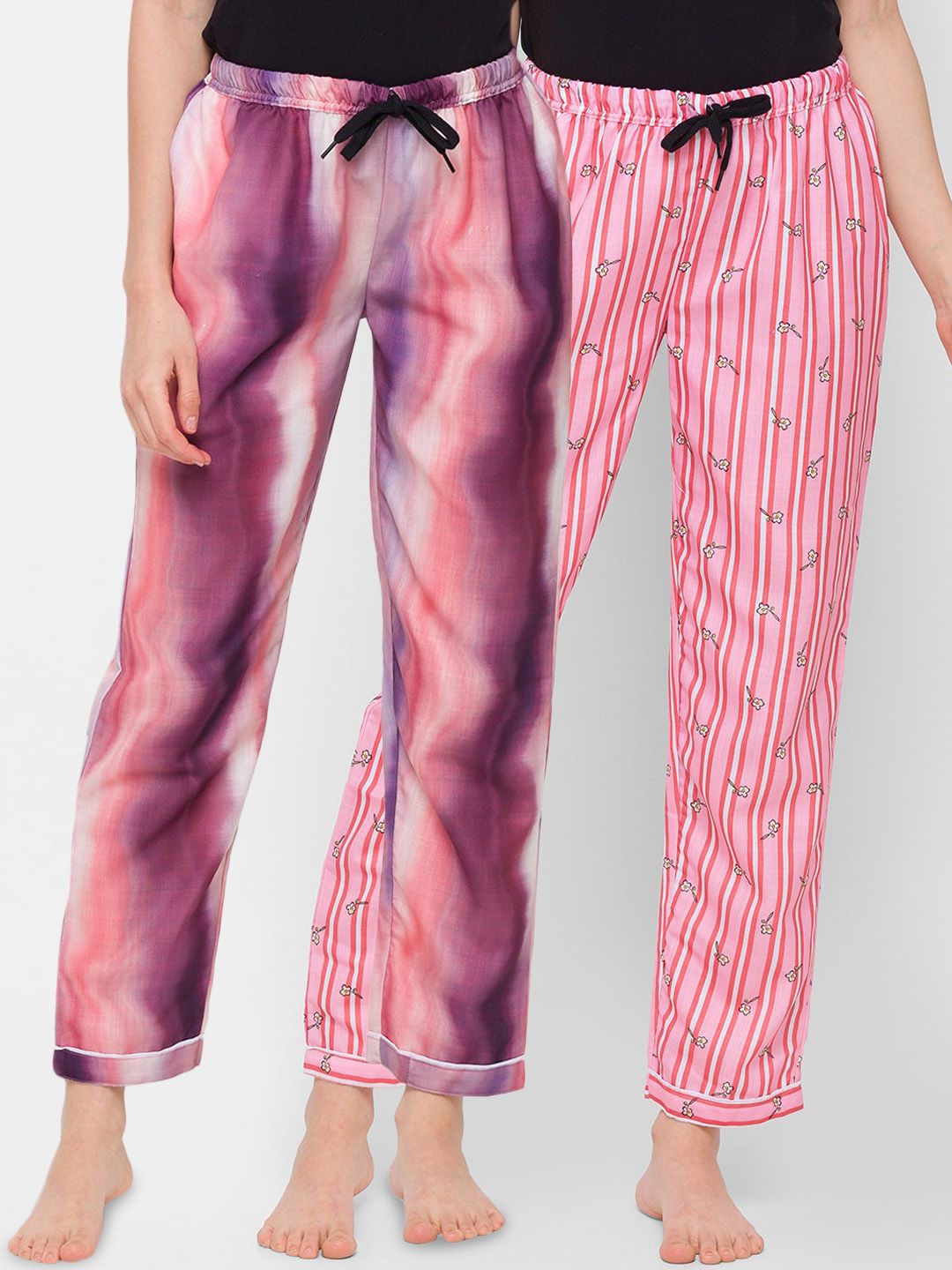 FashionRack Women Purple & Pink Set Of 2 Printed Cotton Lounge Pants Price in India