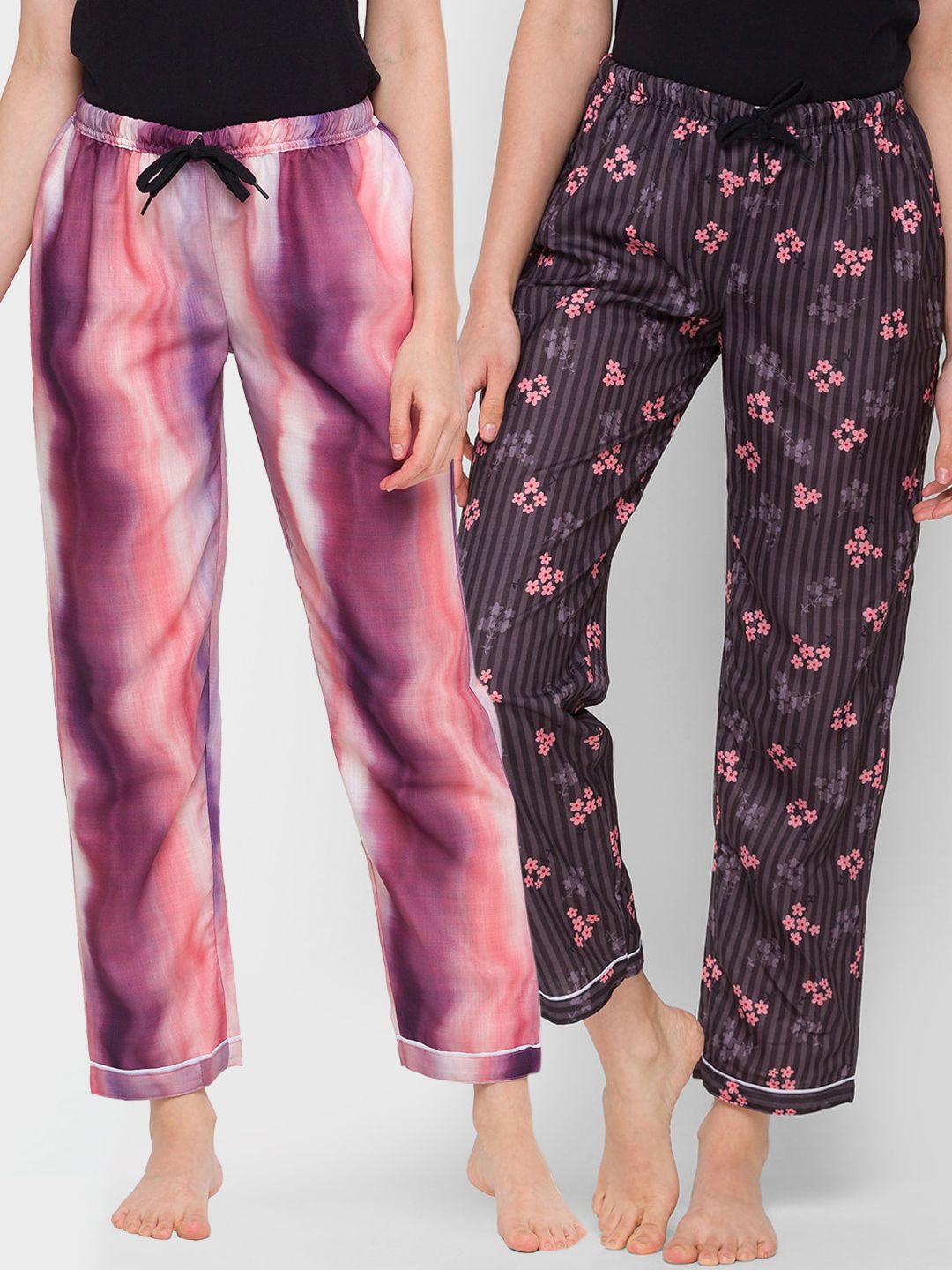 FashionRack Women Brown & Purple Pack of 2 Printed Cotton Lounge Pants Price in India