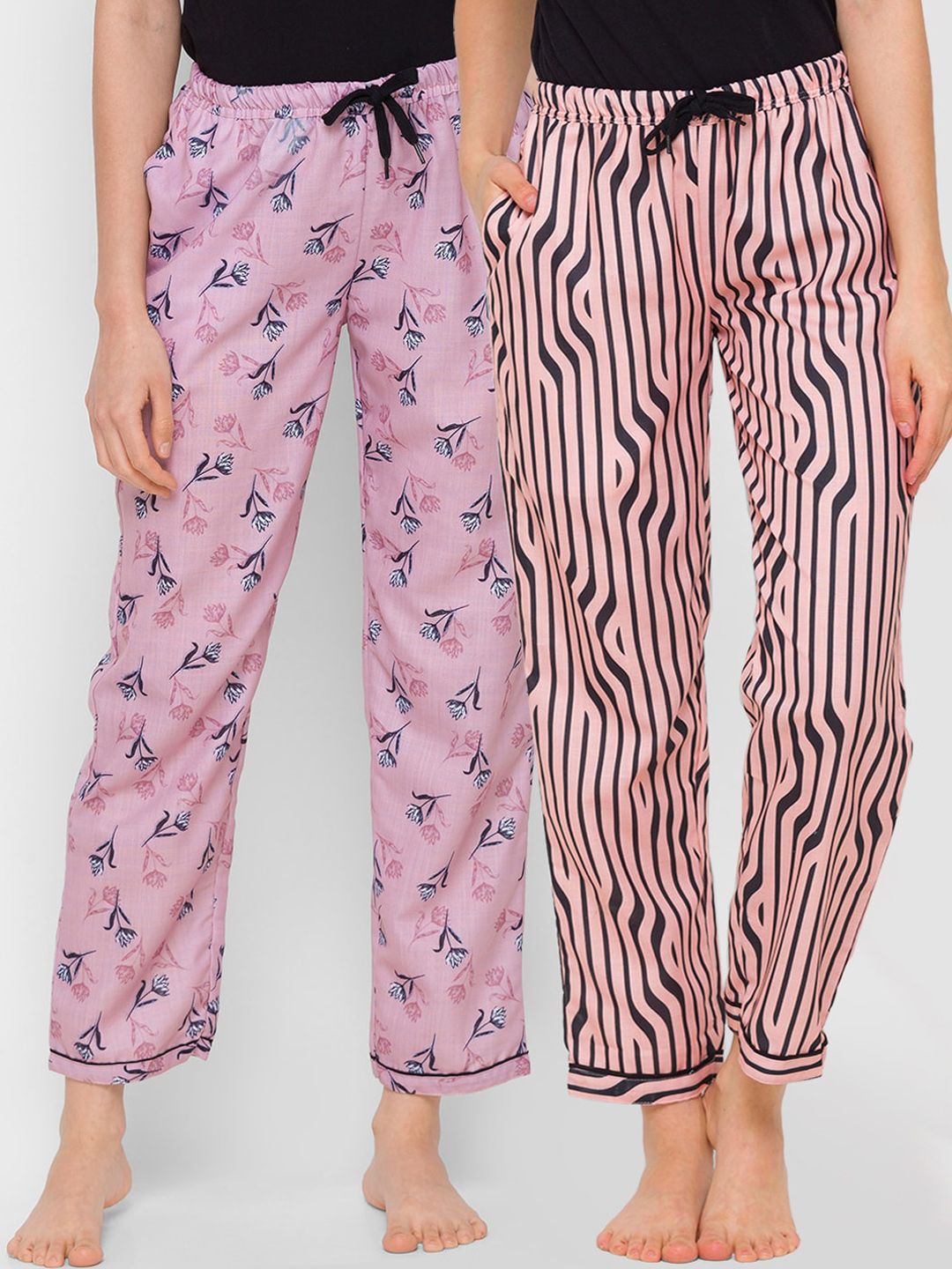 FashionRack Women Pack of 2 Beige & Pink Cotton Printed Pyjamas Price in India