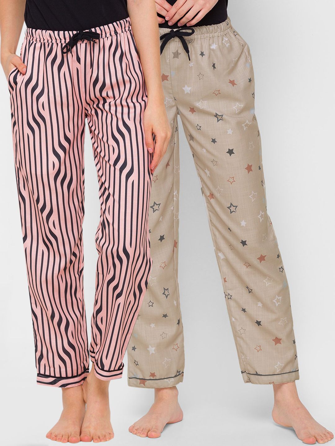 FashionRack Woman Set of 2 Beige Printed Lounge Pants Price in India