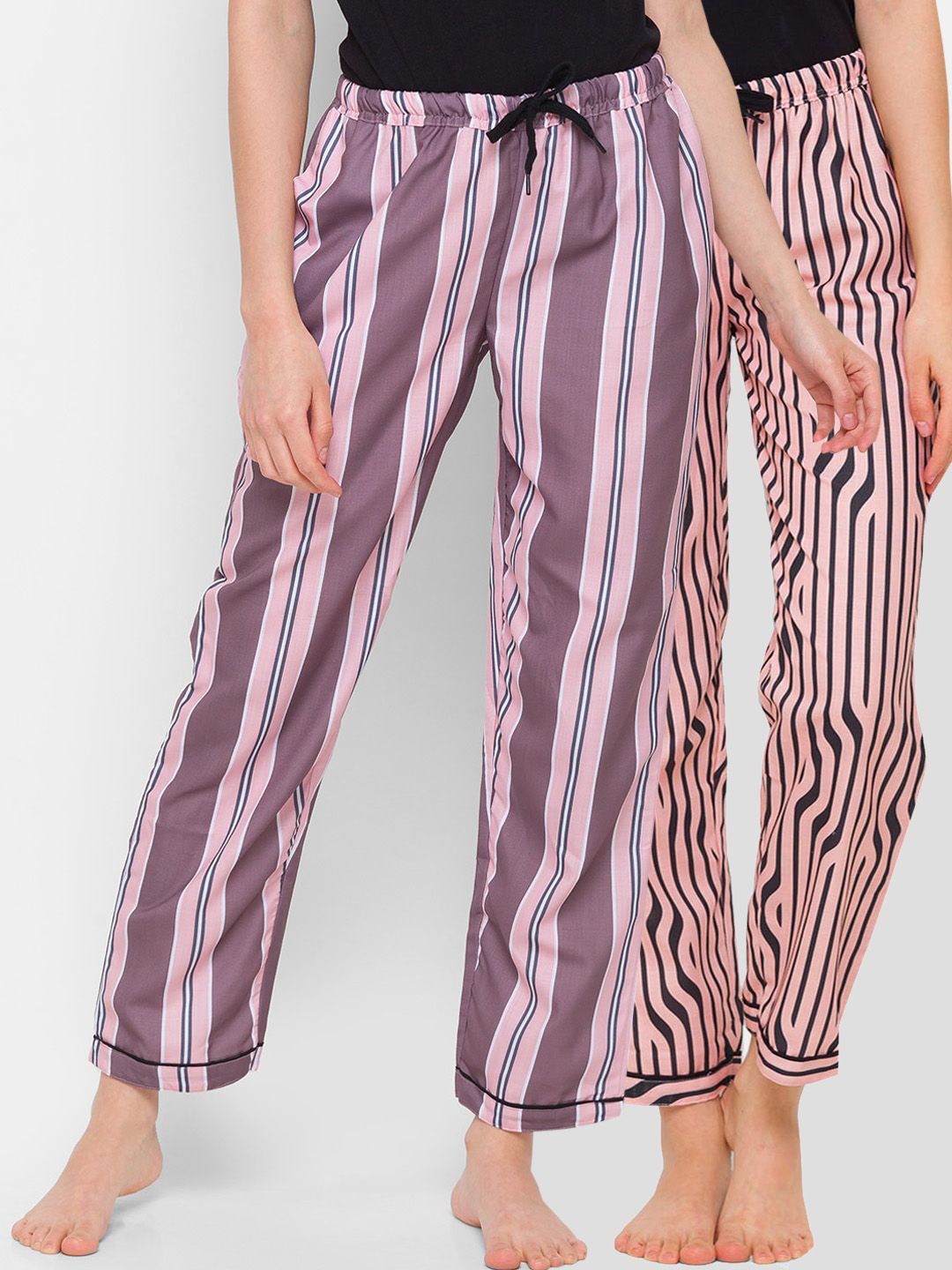 FashionRack Women Pack of 2 Pink & Beige Striped Lounge Pants Price in India