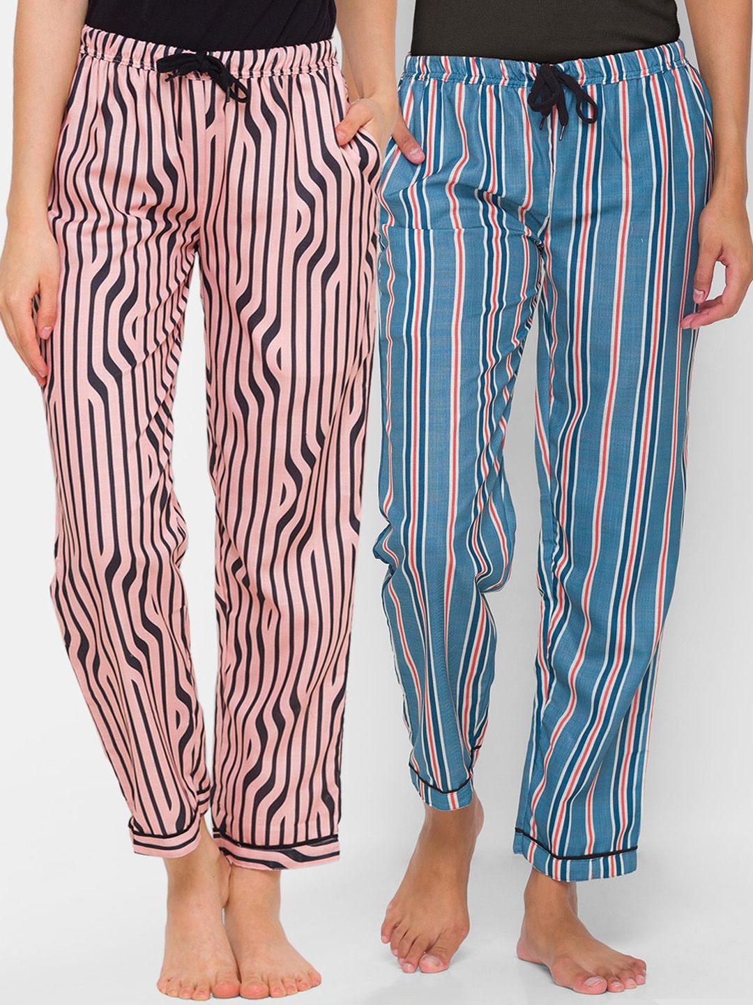FashionRack Women Pack of 2 Beige & Navy Blue Cotton Printed Pyjamas Price in India
