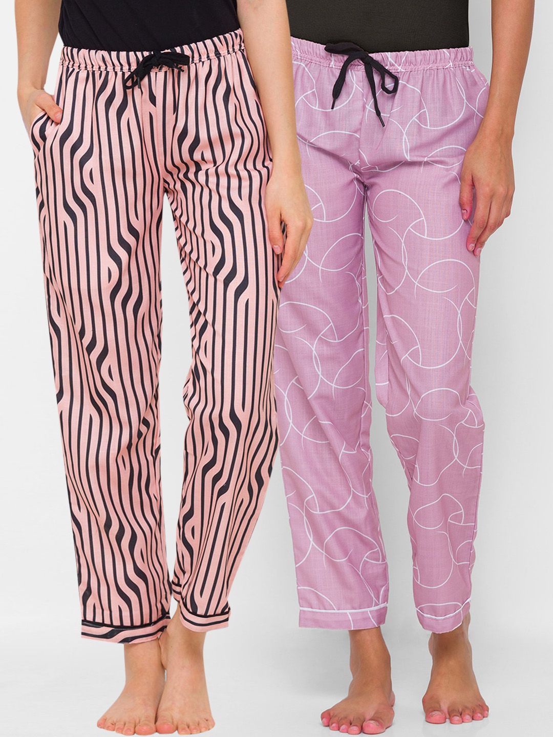 FashionRack Women Pack Of 2 Beige & Pink Printed Cotton Lounge Pants Price in India