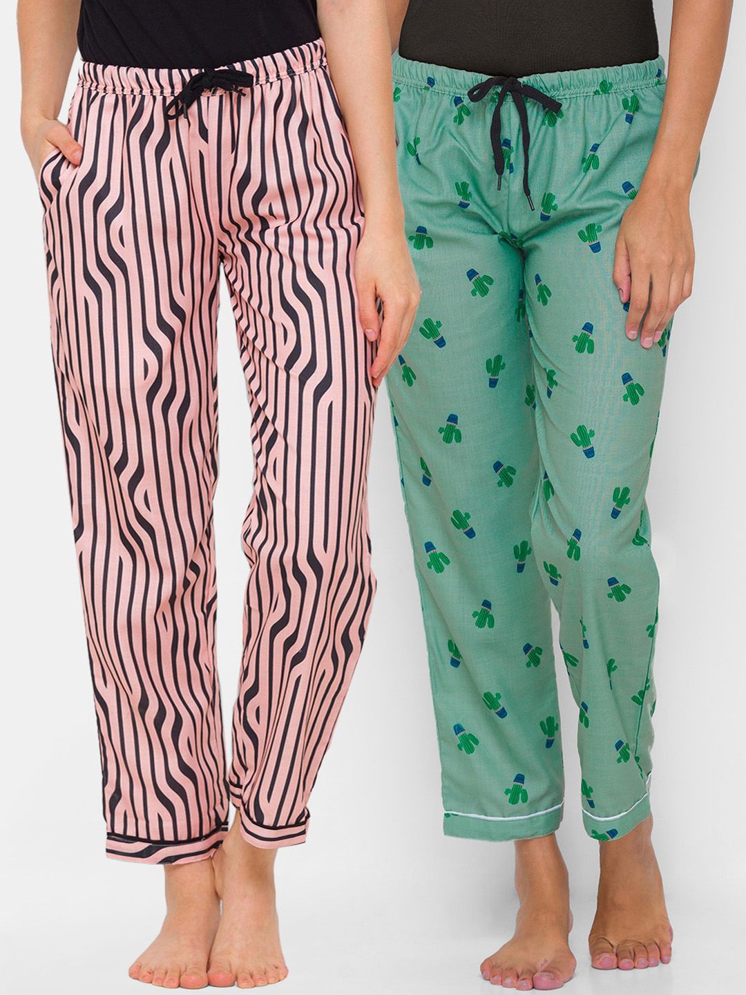 FashionRack Women Beige & Green Set Of 2 Printed Cotton Lounge Pants Price in India