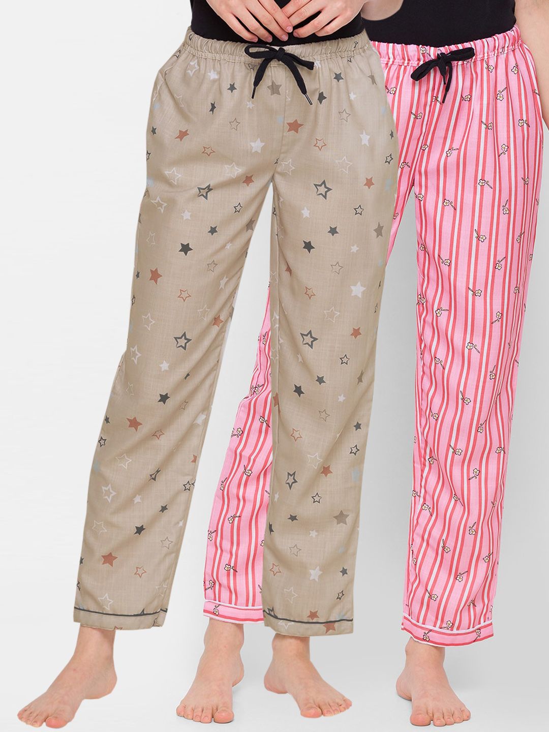 FashionRack Woman Set of 2 Beige & Pink Striped Lounge Pants Price in India