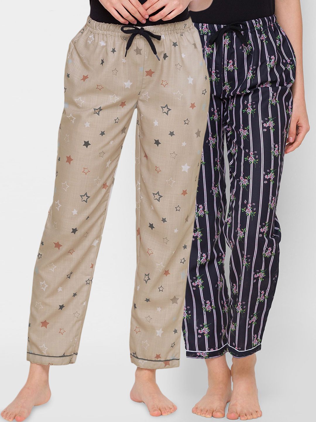 FashionRack Women Beige & Black Set Of 2 Printed Cotton Lounge Pants Price in India