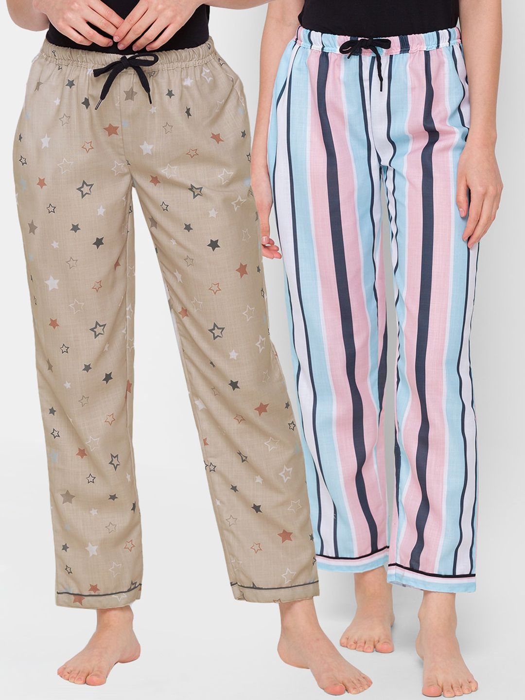 FashionRack Women Pack Of 2 Beige & Multicoloured Printed Regular Fit Cotton Lounge Pants Price in India