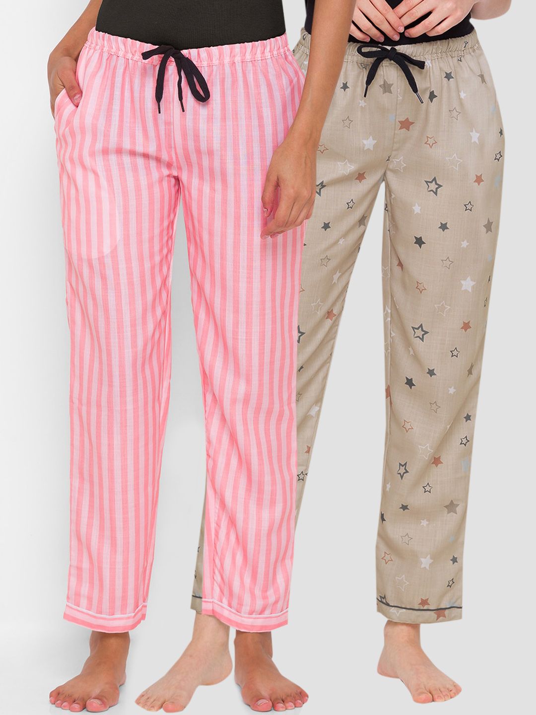 FashionRack Woman Set of 2 Beige & Pink Striped Lounge Pants Price in India