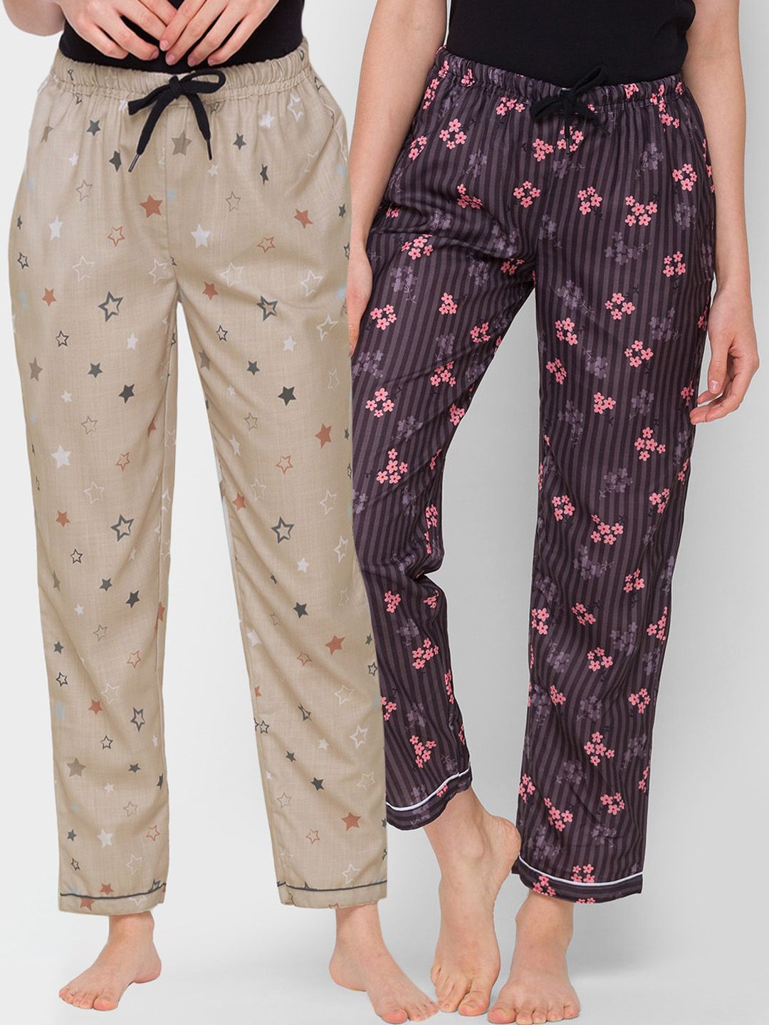 FashionRack Women Pack of 2 Brown & Beige Printed Cotton Lounge Pants Price in India