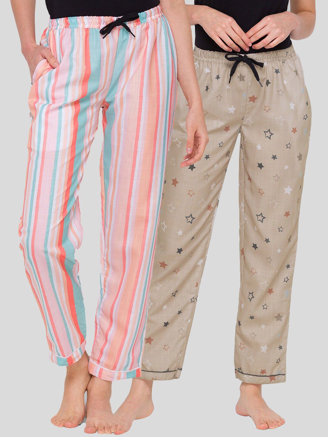 FashionRack Women Pack of 2 Pink & Blue Printed Lounge Pants Price in India