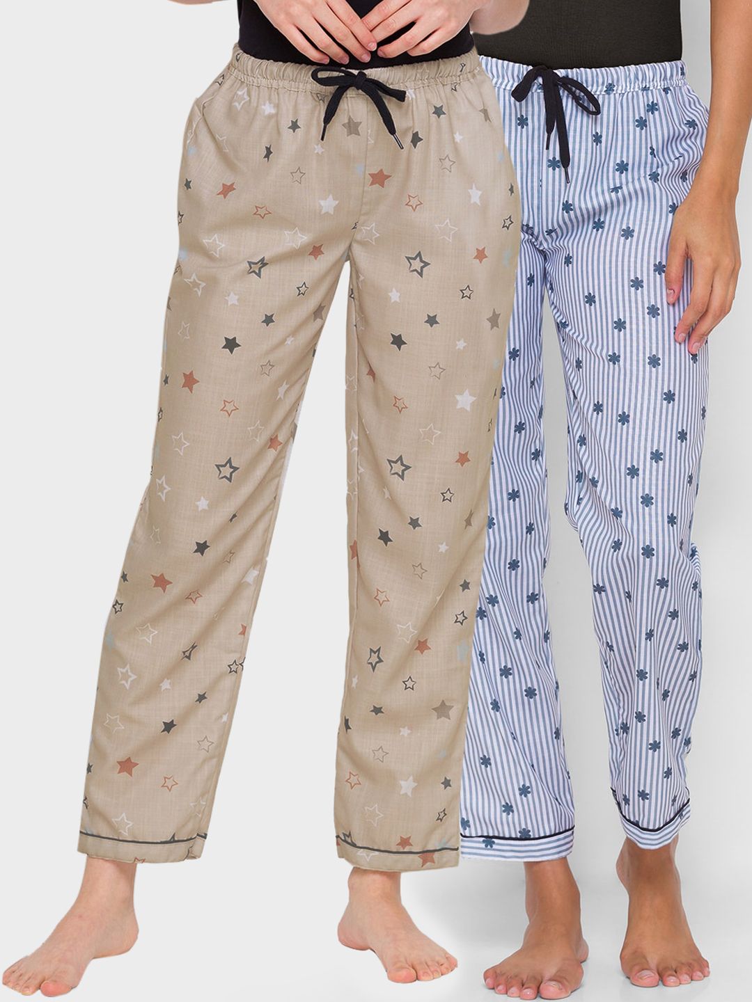 FashionRack Women Pack Of 2 Beige & Grey Printed Regular Fit Cotton Lounge Pants Price in India