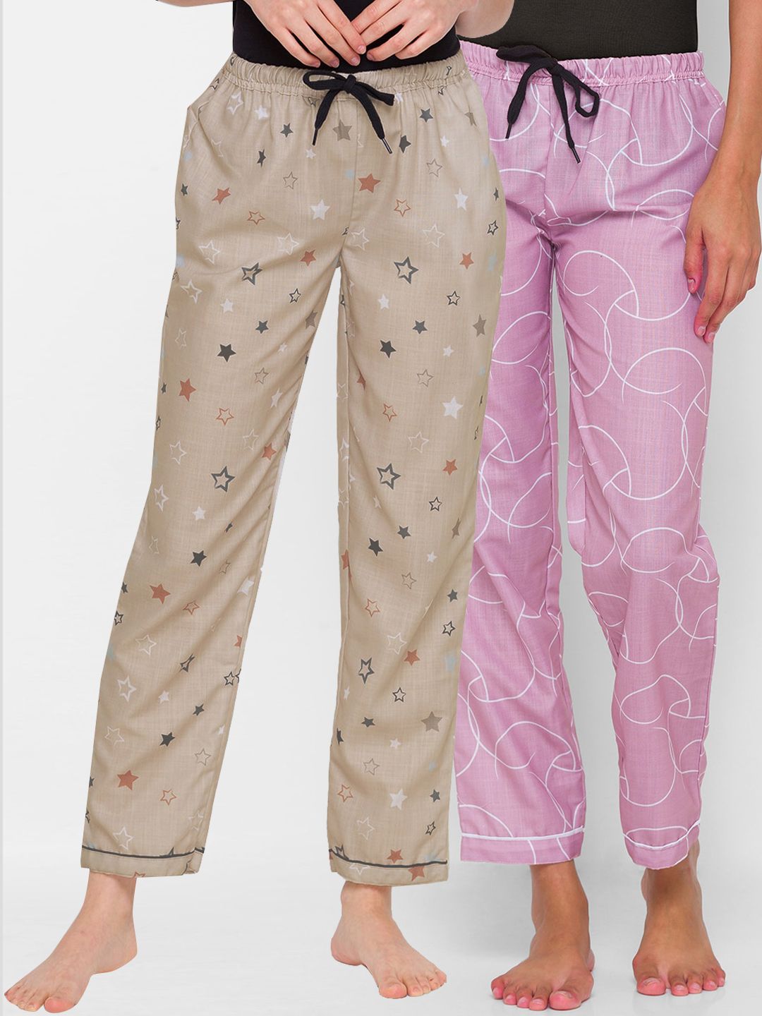 FashionRack Women Pack of 2 Pink & Beige Printed Cotton Lounge Pants Price in India