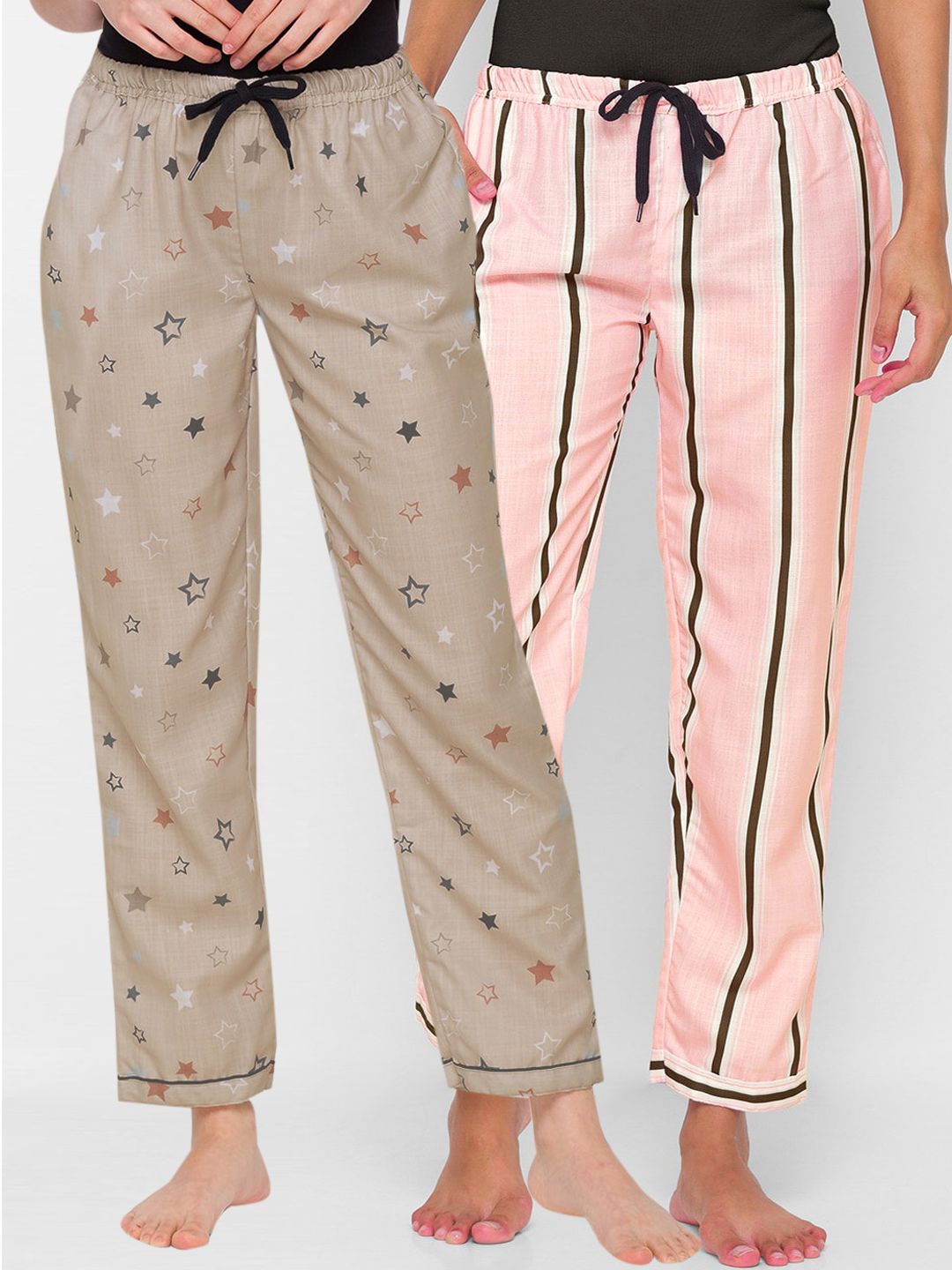 FashionRack Women Beige & Pink Set Of 2 Printed Cotton Lounge Pants Price in India