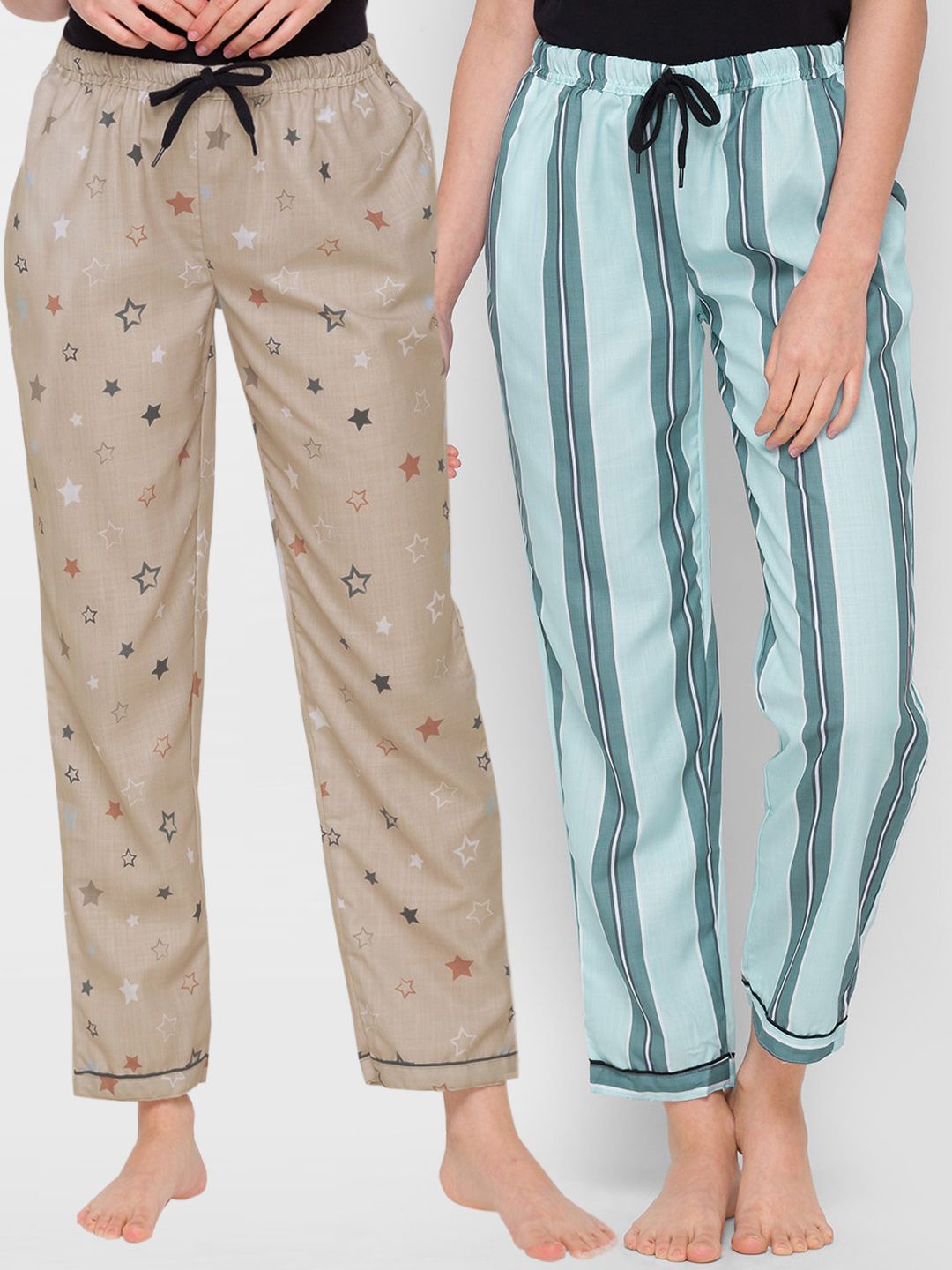 FashionRack Women Pack Of 2 Beige & Blue Printed Cotton Lounge Pants Price in India