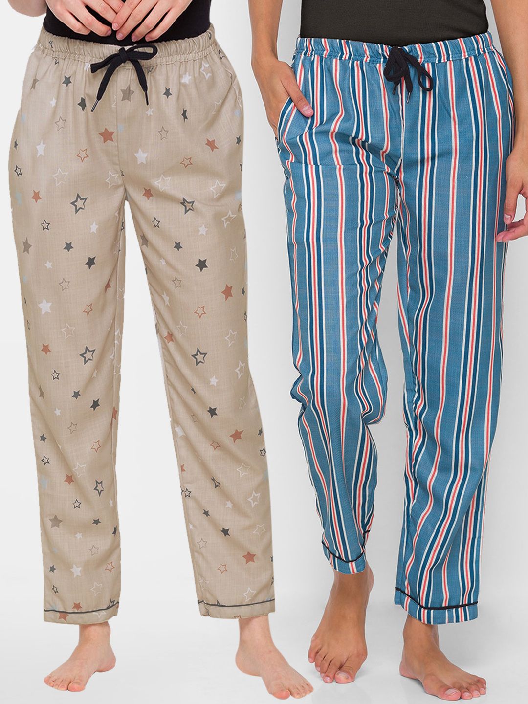 FashionRack Women Pack Of 2 Beige & Blue Printed Regular Fit Cotton Lounge Pants Price in India