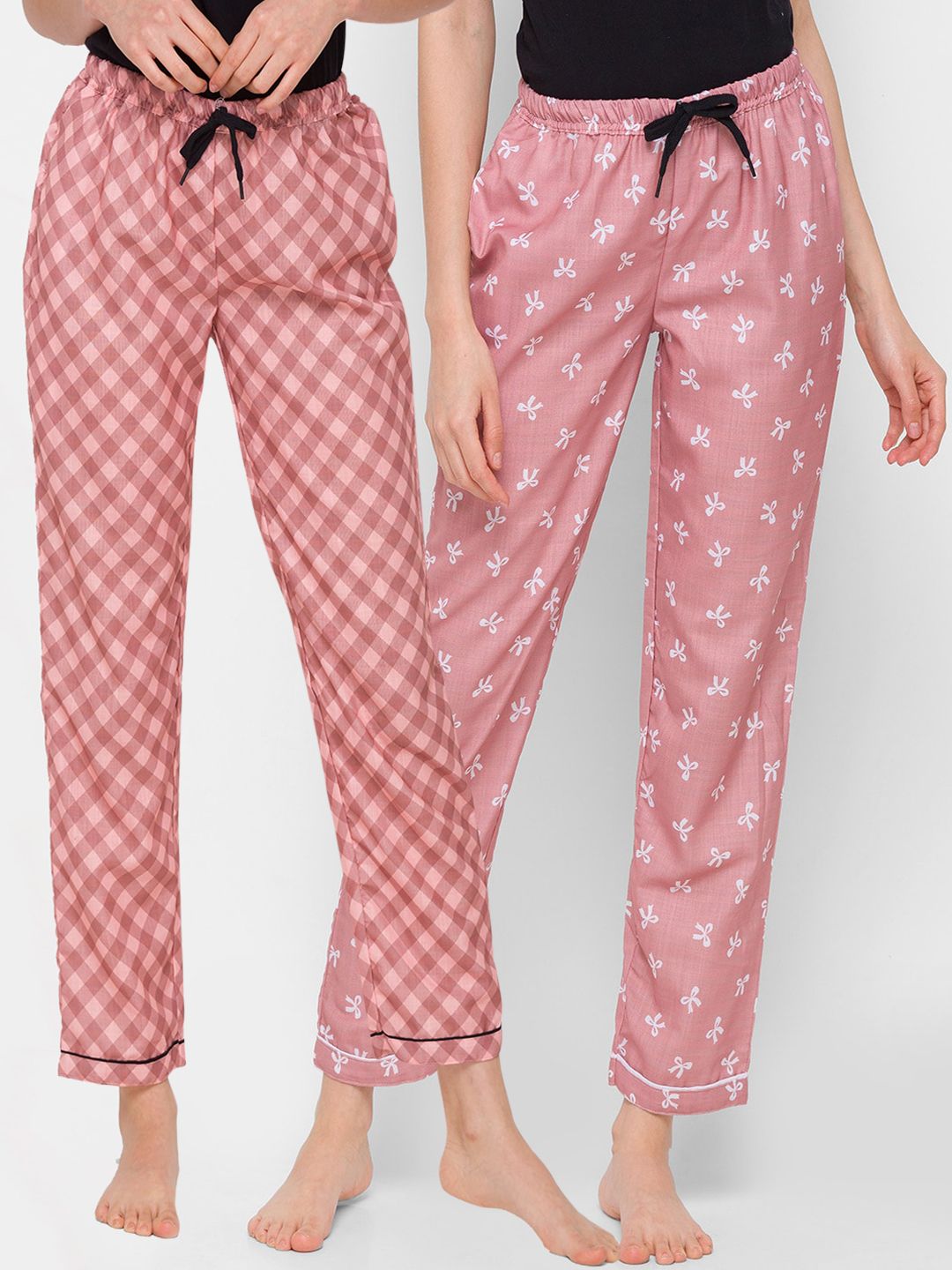 FashionRack Women Brown & Pink Set Of 2 Printed Cotton Lounge Pants Price in India