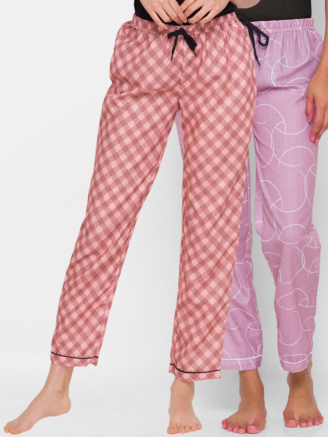 FashionRack Women Pack Of 2 Brown & Pink Printed Regular Fit Cotton Lounge Pants Price in India