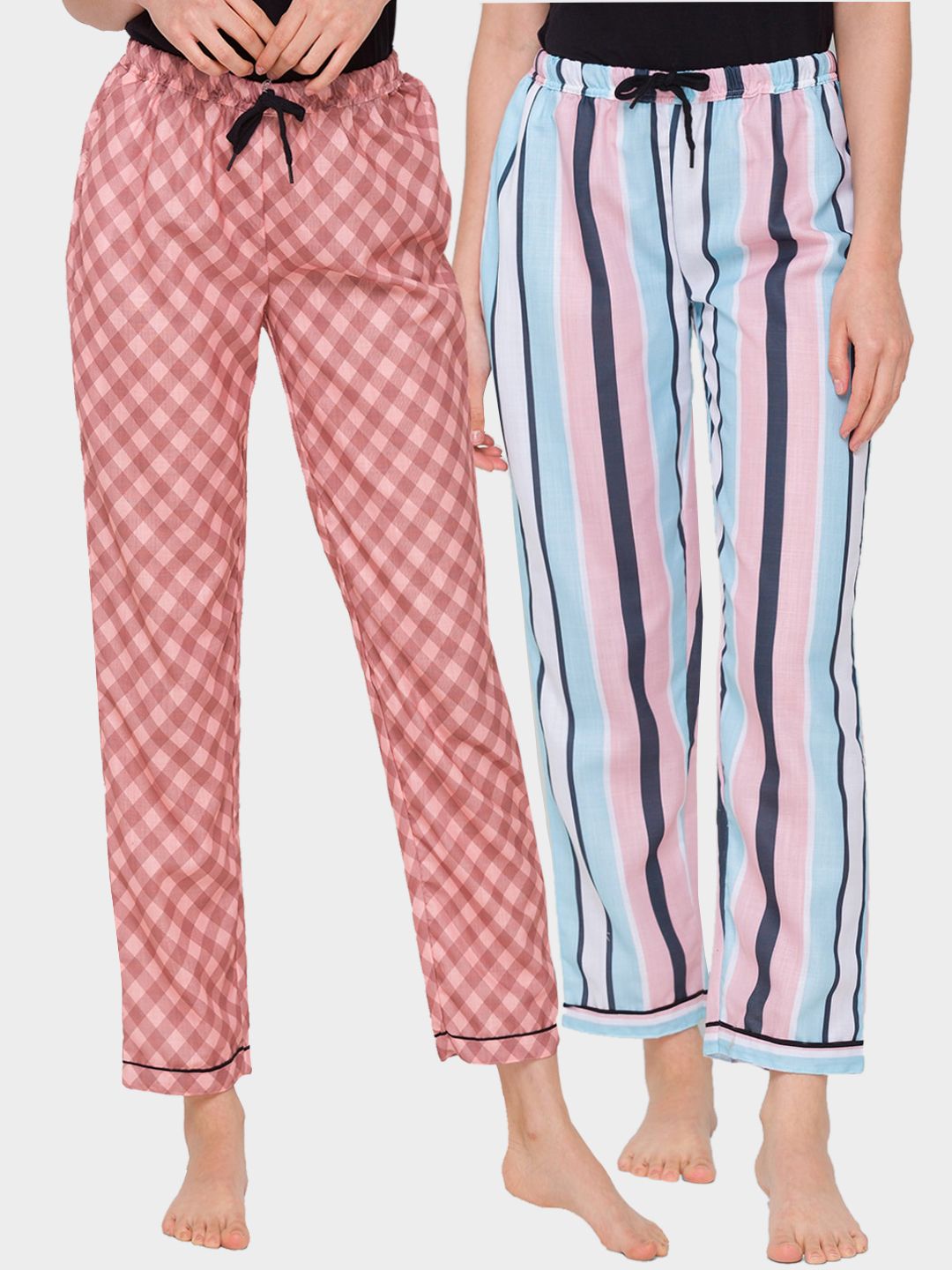 FashionRack Woman Set of 2 Brown & Multicoloured Striped Lounge Pants Price in India