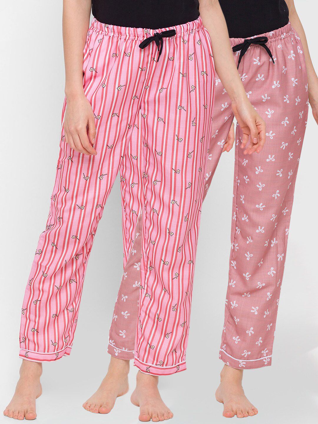 FashionRack Women Pack of 2 Pink & White Printed Cotton Lounge Pants Price in India