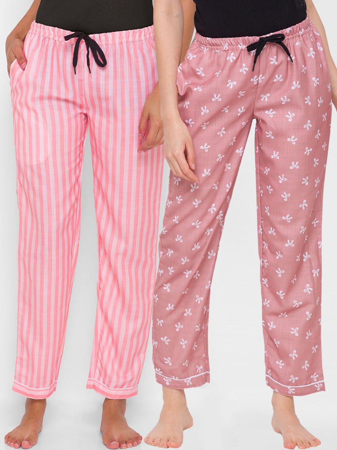 FashionRack Women Pack of 2 Pink & White Printed Cotton Lounge Pants Price in India