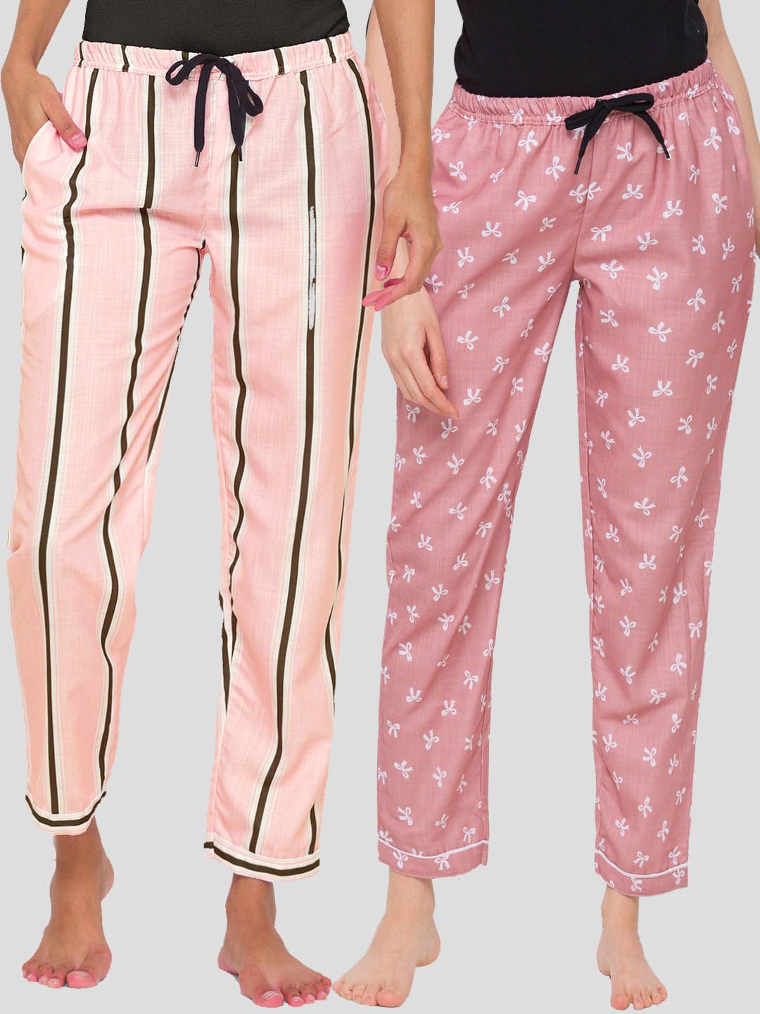 FashionRack Women Pack of 2 Brown & Pink Cotton Printed Pyjamas Price in India