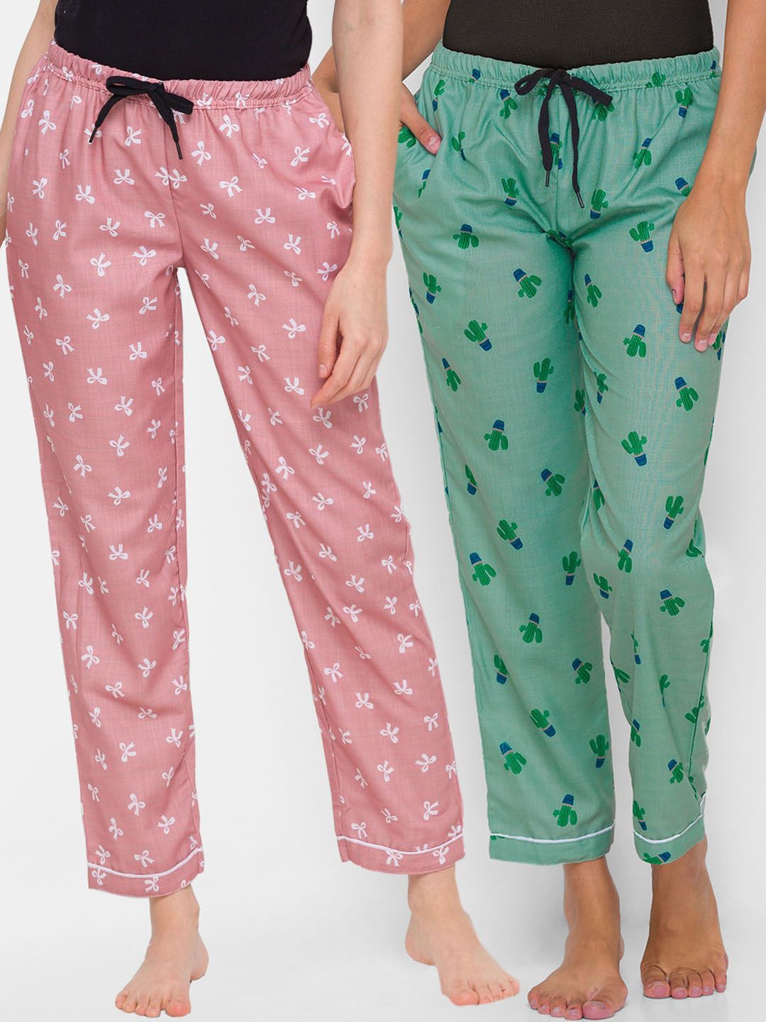 FashionRack Women Pack of 2 Pink & Green Printed Lounge Pants Price in India