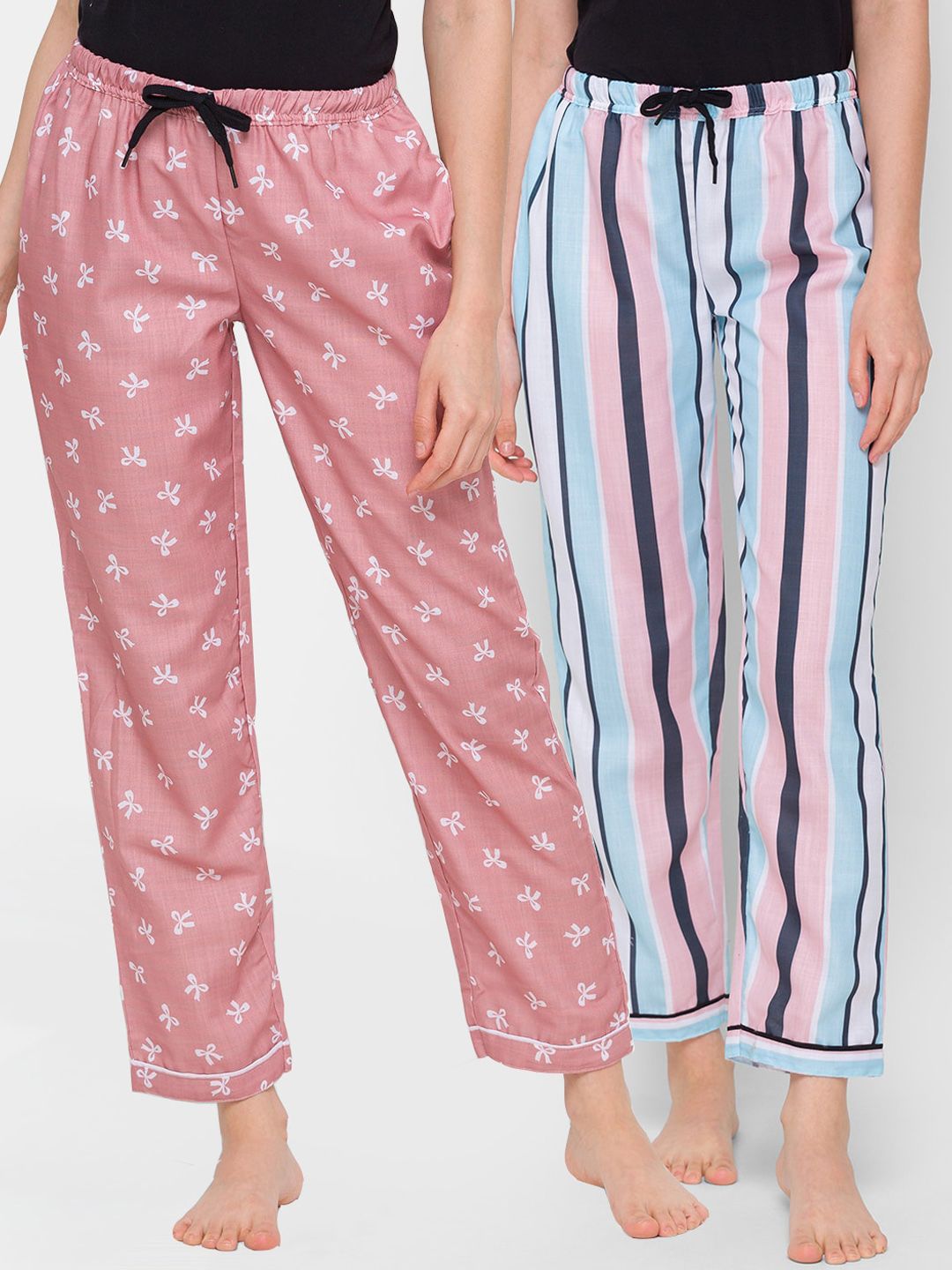 FashionRack Women Pack of 2 Pink & White Mid Rise Cotton Lounge Pants Price in India