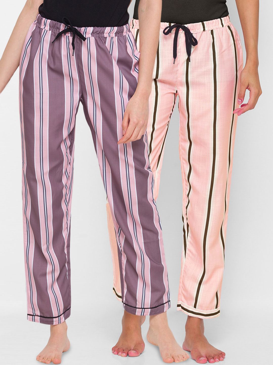 FashionRack Women Pack of 2 Pink & Brown Striped Lounge Pants Price in India