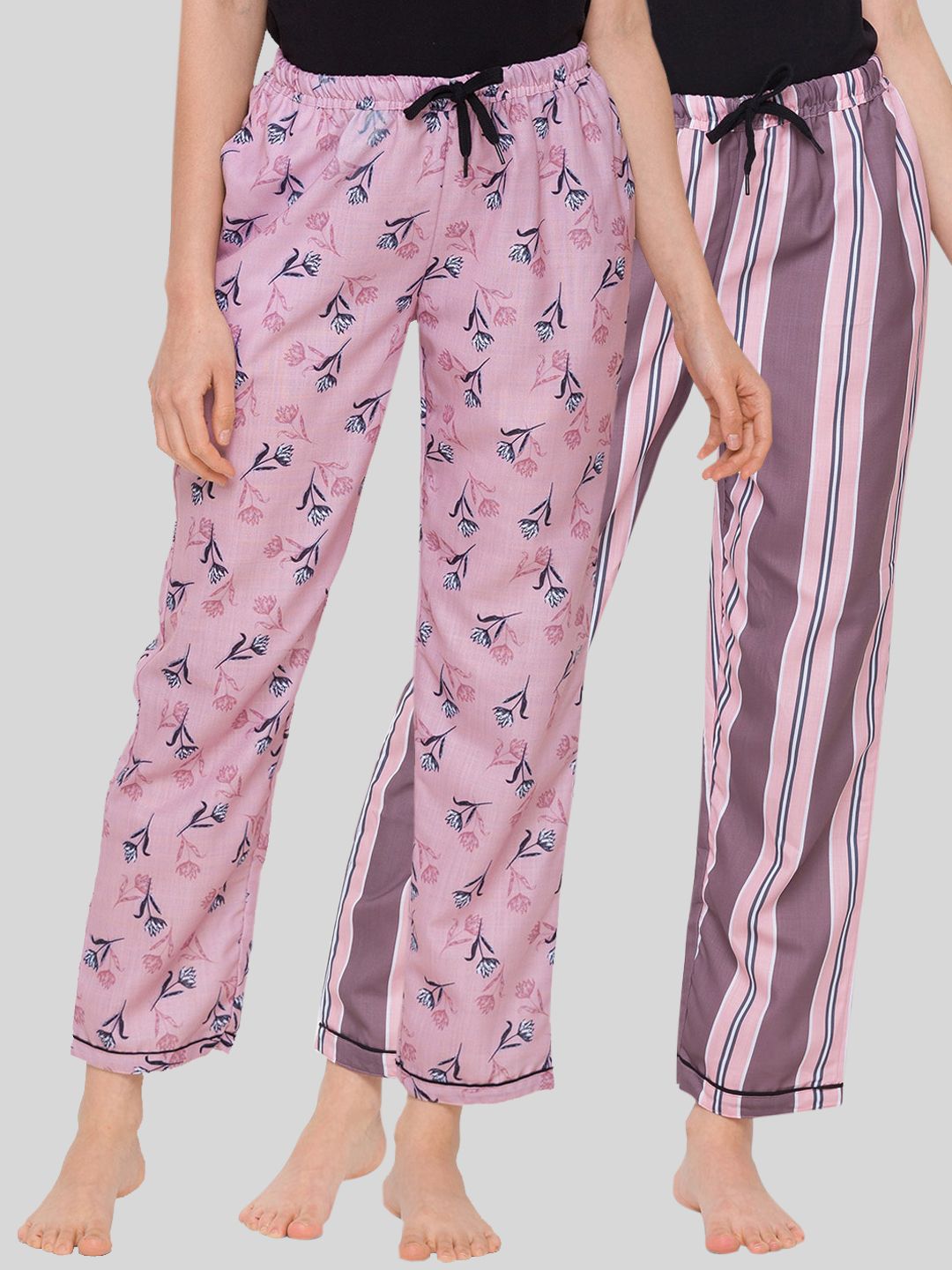 FashionRack Women Pack Of 2 Purple & Pink Printed Regular Fit Cotton Lounge Pants Price in India