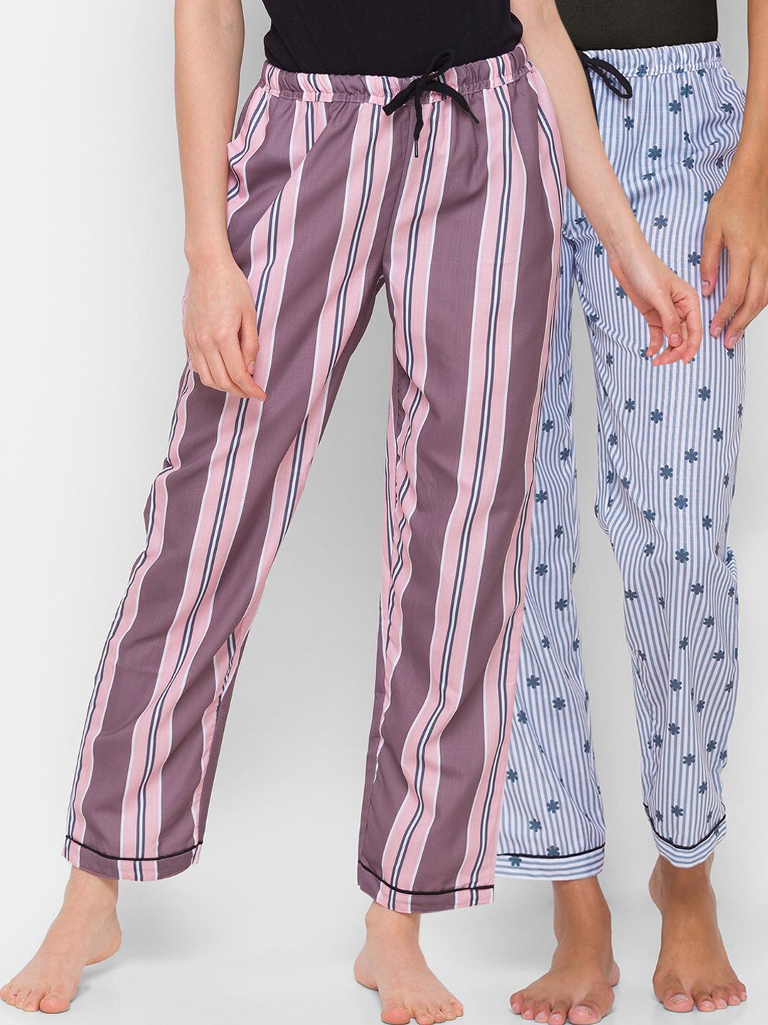 FashionRack Women Pack of 2 Pink & Blue Striped Mid Rise Cotton Lounge Pants Price in India