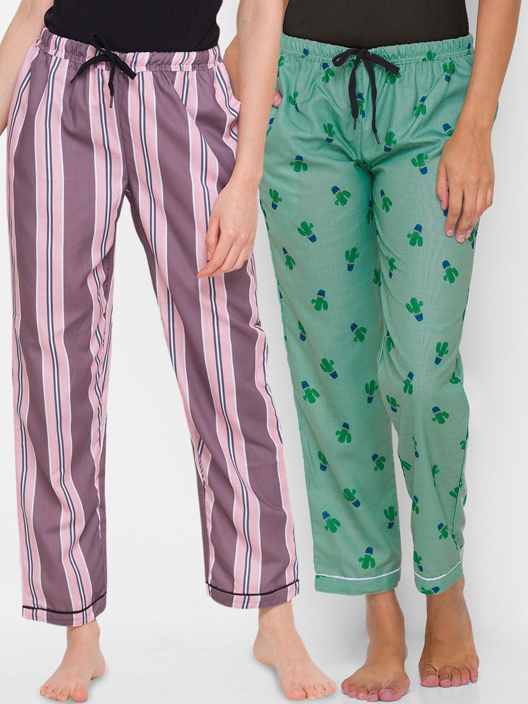 FashionRack Women Pink & Green Set Of 2 Printed Cotton Lounge Pants Price in India