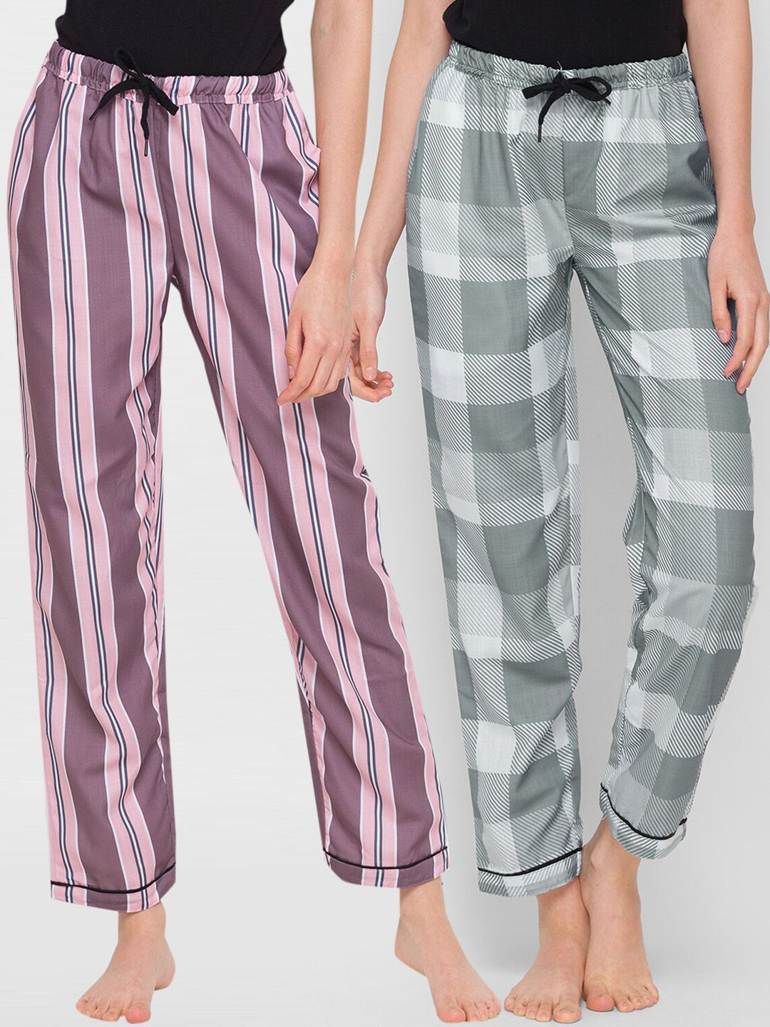 FashionRack Women Pack Of 2 Pink & Grey Printed Regular Fit Cotton Lounge Pants Price in India