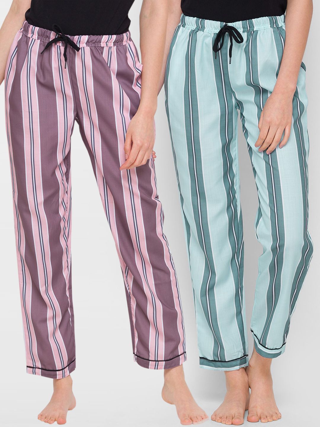 FashionRack Woman Set of 2 Pink & Blue striped Lounge Pants Price in India