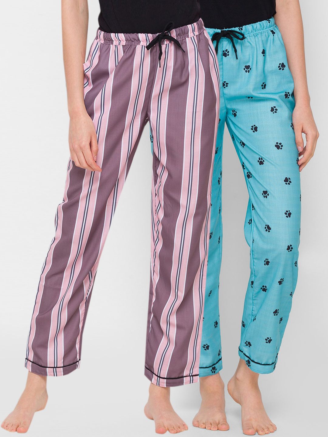 FashionRack Women Pink & Blue Set Of 2 Printed Cotton Lounge Pants Price in India