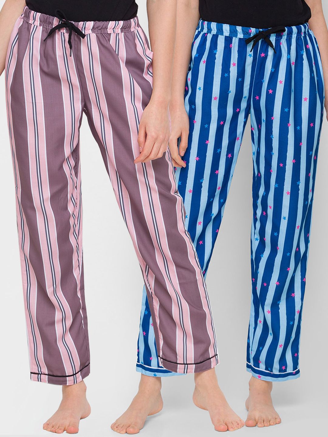 FashionRack Women Pack Of 2 Pink & Blue Printed Regular Fit Cotton Lounge Pants Price in India