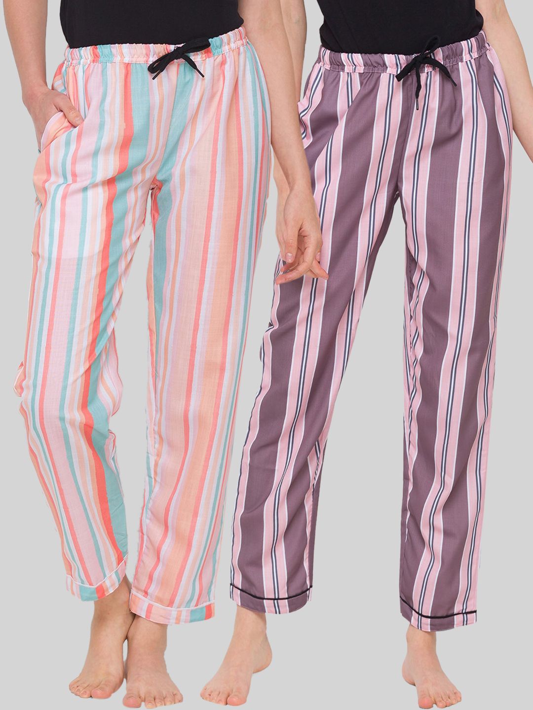 FashionRack Woman Set of 2 Pink & Multicolour striped Lounge Pants Price in India