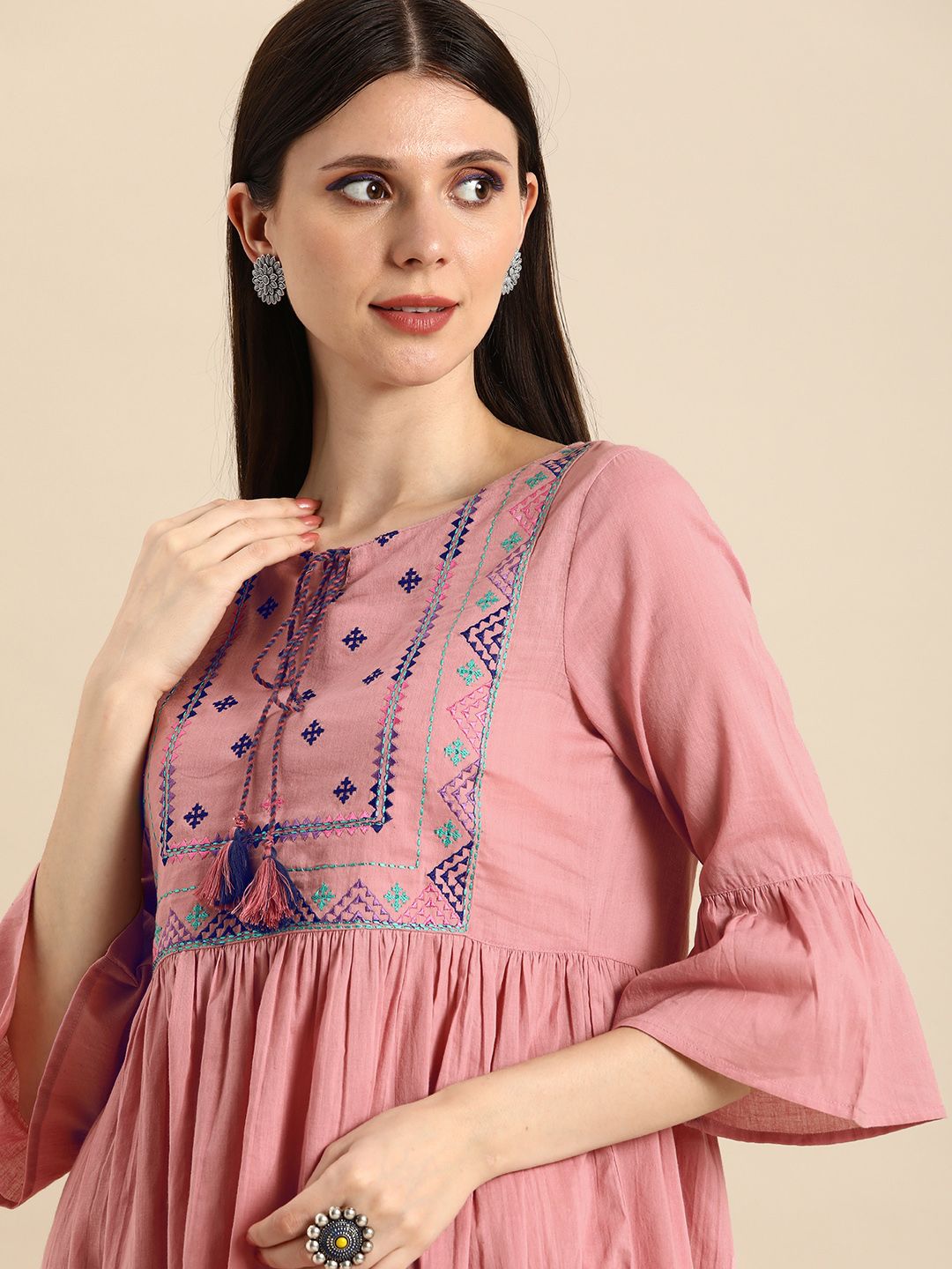 Anouk Women Peach-Coloured Embroidered Tie-Up Neck Bell Sleeves Ethnic Cotton A-Line Dress Price in India