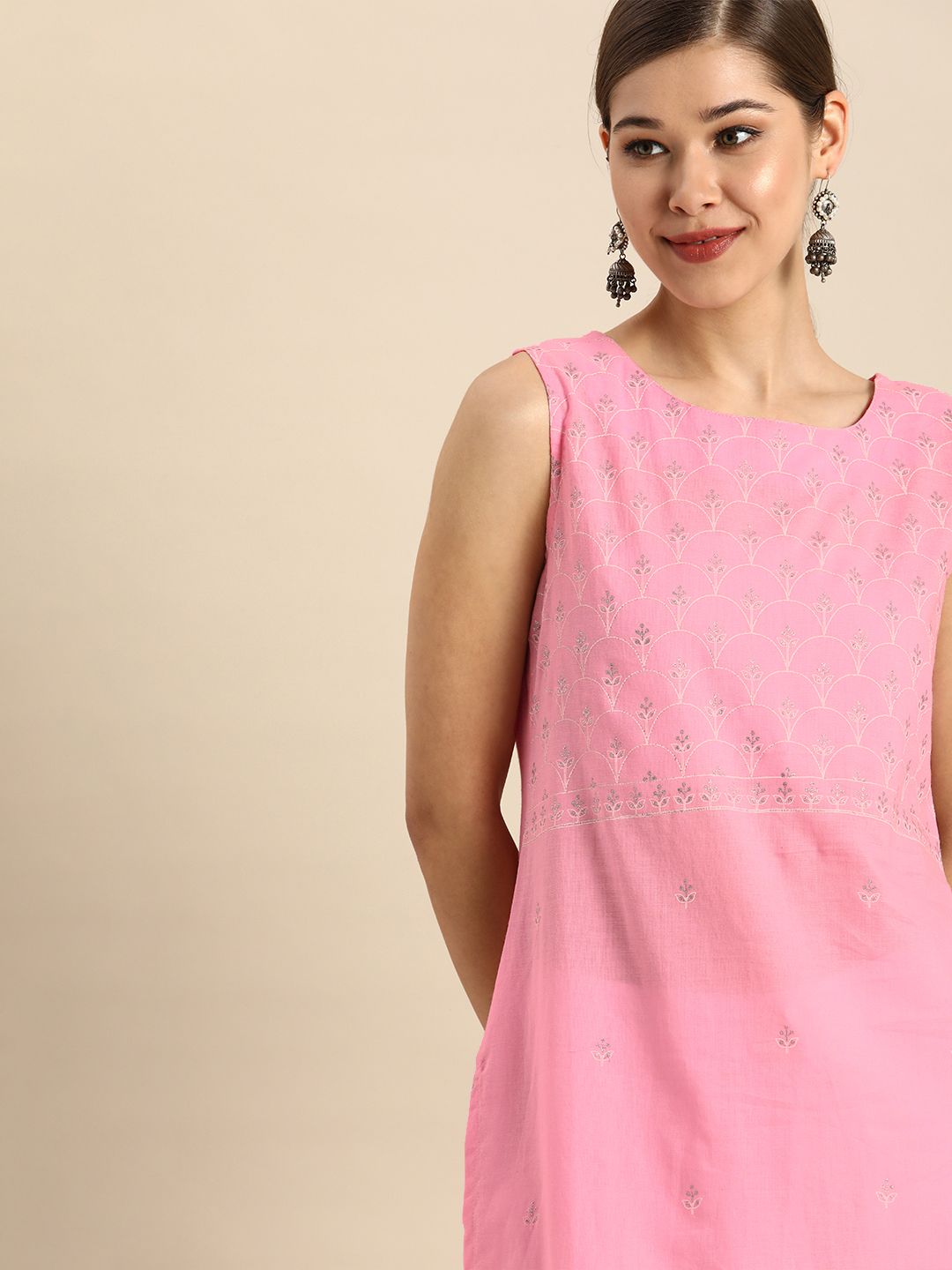 Anouk Women Pink Yoke Design Embellished Sleeveless Pure Cotton Kurta Price in India